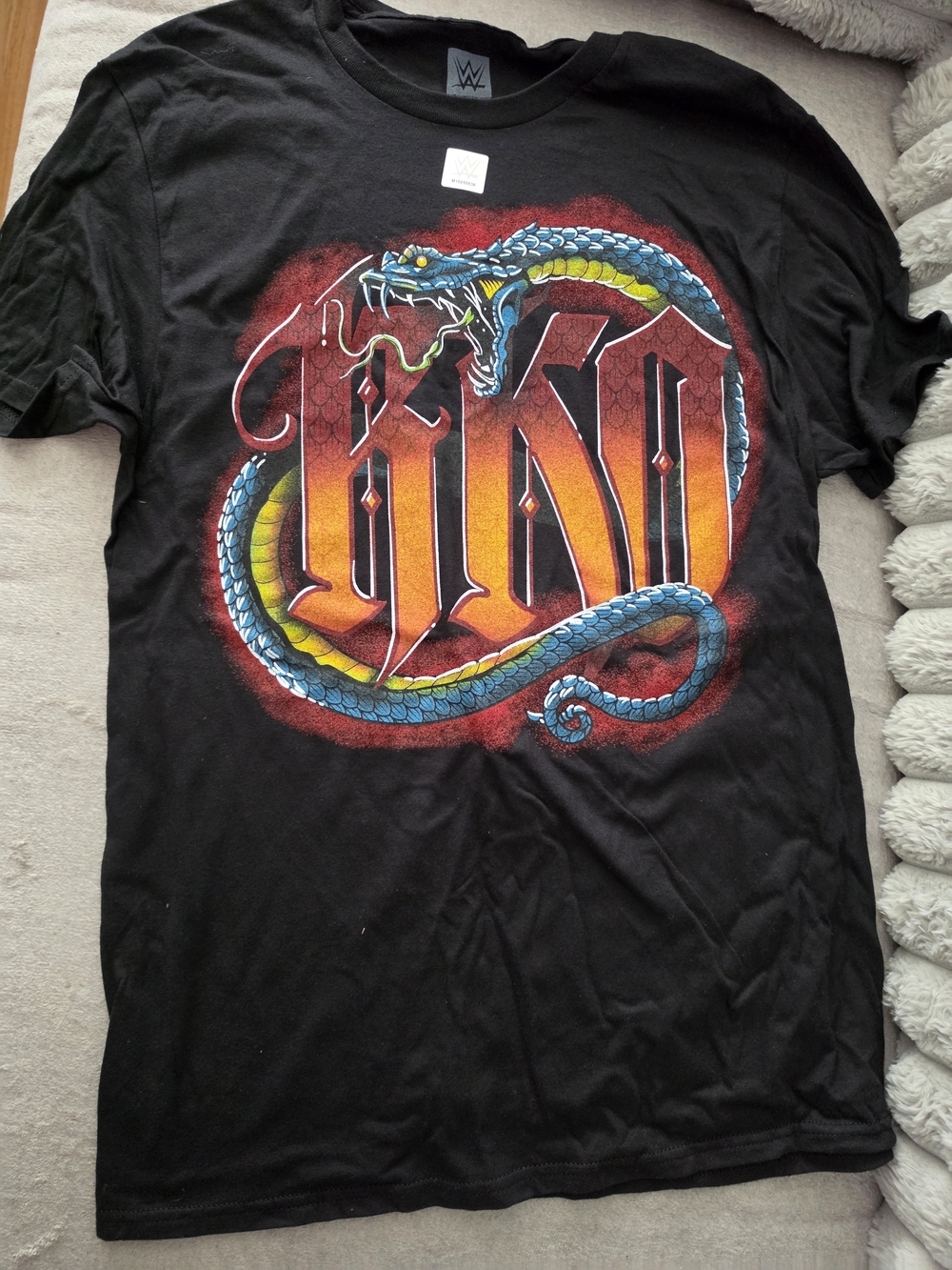 WWE Black Tee with Blue Snake and Orange-Red RKO Graphic